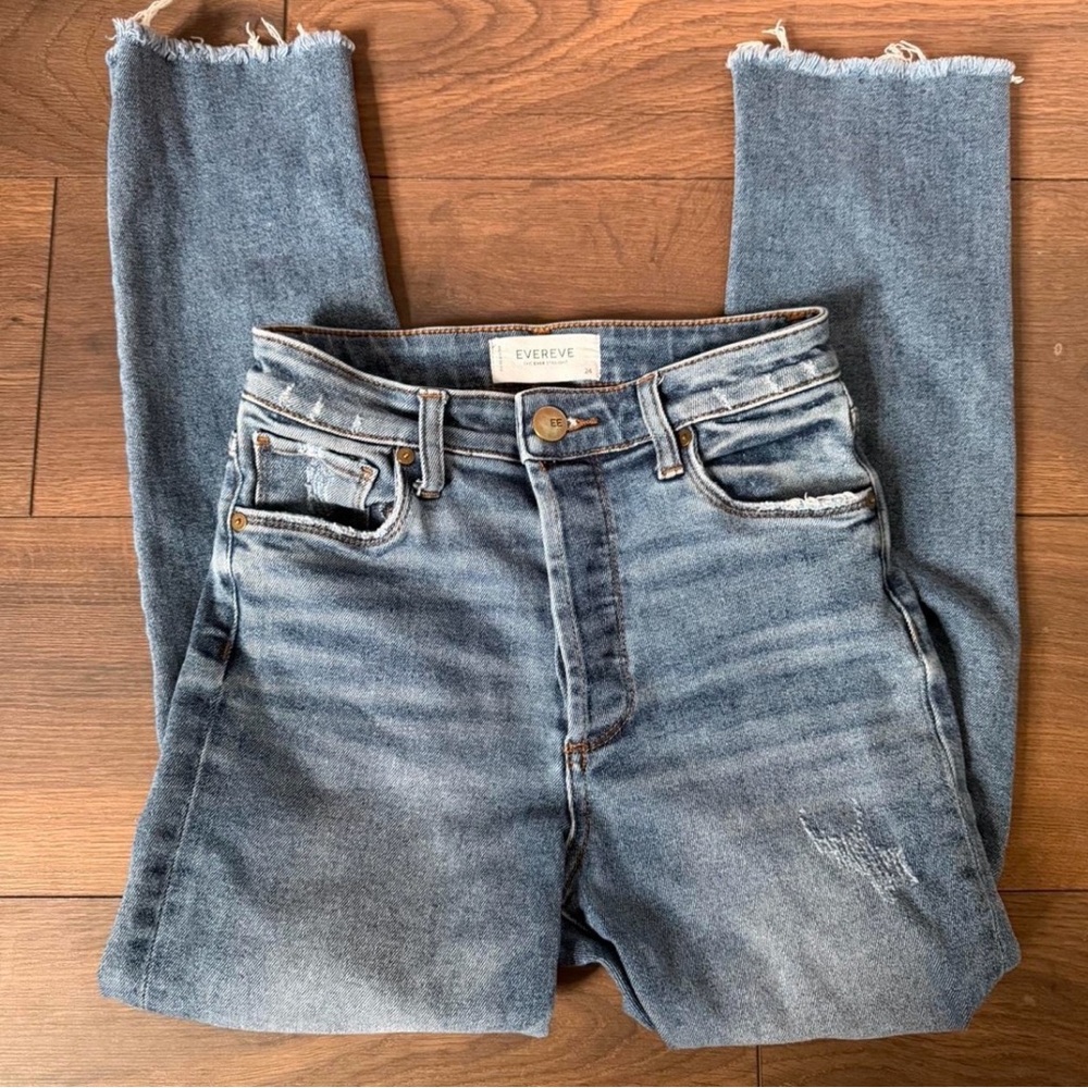 Evereve The Ever Straight Classic Blue Raw Hem Denim Jeans 00/24